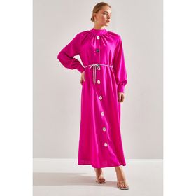 Bianco Lucci 60151012 Modest Kadın Önü Düğme Desenli Kuşaklı Tesettür Elbise
