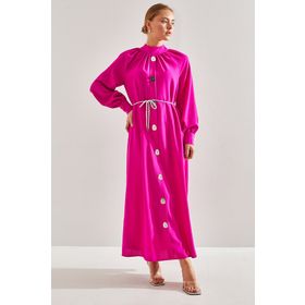 Bianco Lucci 60151012 Modest Kadın Önü Düğme Desenli Kuşaklı Tesettür Elbise