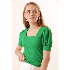 Bigdart 0409 Yeşil Kare Yaka Örme Kadın Bluz