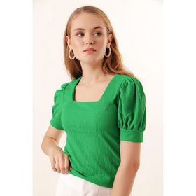 Bigdart 0409 Yeşil Kare Yaka Örme Kadın Bluz