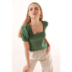 Bigdart 0409 Zümrüt Yeşili Kare Yaka Örme Kadın Bluz