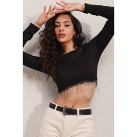 Bigdart 0444 Zincirli Siyah Kadın Crop Bluz