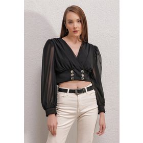 Bigdart 0464 Balon Kol Crop Siyah Bluz