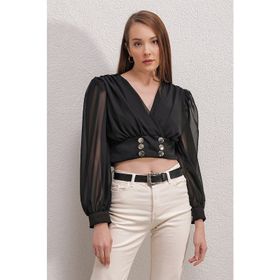 Bigdart 0464 Balon Kol Crop Siyah Bluz
