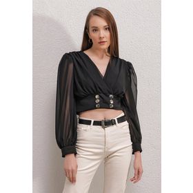Bigdart 0464 Balon Kol Crop Siyah Bluz
