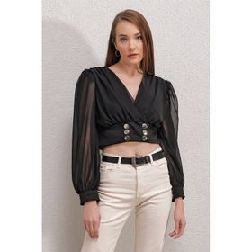 Bigdart 0464 Balon Kol Crop Siyah Bluz