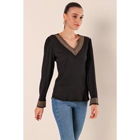 Bigdart 0466 Siyah Nakışlı V Yaka Örme Kadın Bluz