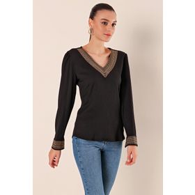 Bigdart 0466 Siyah Nakışlı V Yaka Örme Kadın Bluz