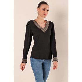 Bigdart 0466 Siyah Nakışlı V Yaka Örme Kadın Bluz