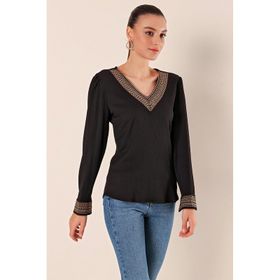 Bigdart 0466 Siyah Nakışlı V Yaka Örme Kadın Bluz