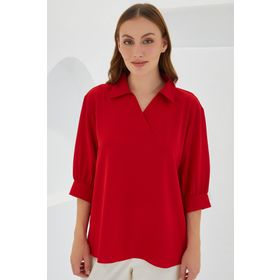 Bigdart 0493 Kırmızı Gömlek Yaka Saten Kadın Bluz
