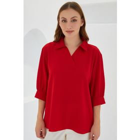 Bigdart 0493 Kırmızı Gömlek Yaka Saten Kadın Bluz