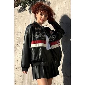 Bigdart 0698 Siyah Baskılı Suni Deri Bomber Kadın Ceket