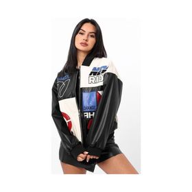 Bigdart 0698 Siyah Baskılı Suni Deri Bomber Kadın Ceket