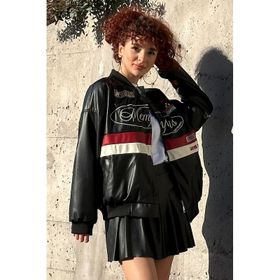 Bigdart 0698 Siyah Baskılı Suni Deri Bomber Kadın Ceket