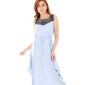 Bigdart 1512 Önü Nakışlı Mavi Kadın Elbise