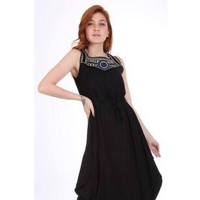 Bigdart 1512 Önü Nakışlı Siyah Kadın Elbise