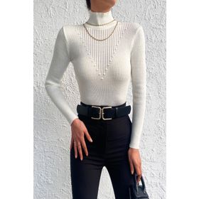 Bigdart 15800 Beyaz Balıkçı Yaka Fitilli Kadın Kazak