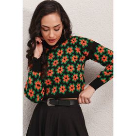 Bigdart 15801 Turuncu Boğazlı Desenli Crop Kadın Kazak