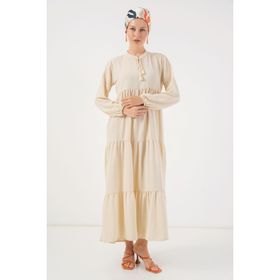 Bigdart 1627 Krem Yaka Bağcıklı Tesettür Elbise