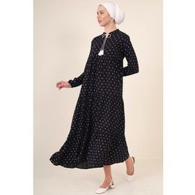 Bigdart 1627 Yaka Bağcıklı Siyah Kadın Tesettür Elbise