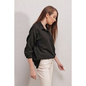 Bigdart 20153 Tek Cepli Siyah Kadın Oversize Gömlek