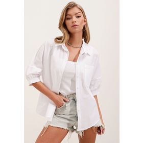 Bigdart 20213 Beyaz Oversize Basic Kadın Gömlek