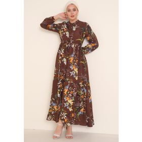 Bigdart 2144 Kahve Desenli Hakim Yaka Tesettür Kadın Elbise