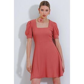 Bigdart 2339BGD19 Saks Kare Yaka Örme Mini Kadın Elbise