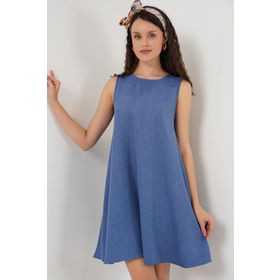 Bigdart 2444 Mavi Mini Keten Kadın Elbise
