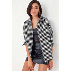Bigdart 3852 Kazayağı Desen Siyah Kadın Gömlek