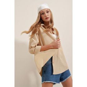 Bigdart 3900 Bej Oversize Uzun Basic Kadın Gömlek