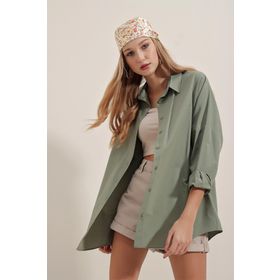Bigdart 3900 Haki Oversize Uzun Basic Kadın Gömlek