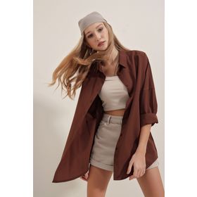 Bigdart 3900 Kahverengi Oversize Uzun Basic Kadın Gömlek