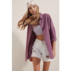 Bigdart 3900 Koyu Lila Oversize Uzun Basic Kadın Gömlek