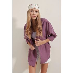 Bigdart 3900 Koyu Lila Oversize Uzun Basic Kadın Gömlek