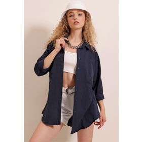 Bigdart 3900 Lacivert Oversize Uzun Basic Kadın Gömlek
