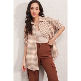 Bigdart 3900 Oversize Kareli Kahverengi Kadın Gömlek