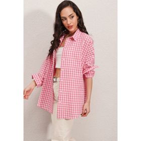 Bigdart 3900 Oversize Kareli Pembe Fuşya Kadın Gömlek
