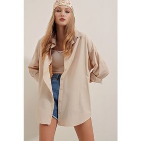 Bigdart 3900 Oversize Uzun Basic Krem Kadın Gömlek