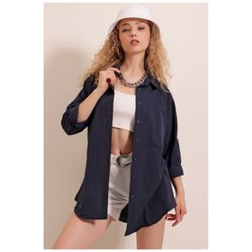 Bigdart 3900 Oversize Uzun Basic Poplin Lacivert Kadın Gömlek