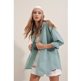 Bigdart 3900 Oversize Uzun Basic Su Yeşili Kadın Gömlek