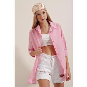 Bigdart 3900 Pembe Oversize Uzun Basic Kadın Gömlek