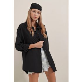 Bigdart 3900 Siyah Oversize Uzun Basic Kadın Gömlek