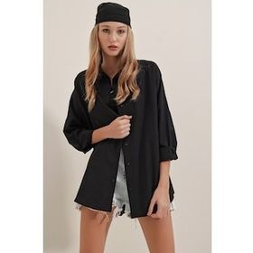 Bigdart 3900 Siyah Oversize Uzun Basic Kadın Gömlek