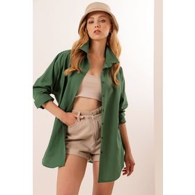 Bigdart 3900 Yeşil Oversize Uzun Basic Kadın Gömlek
