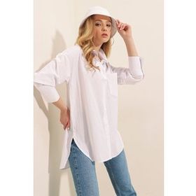 Bigdart 3952 Arkası Düğmeli Beyaz Kadın Boyfriend Gömlek