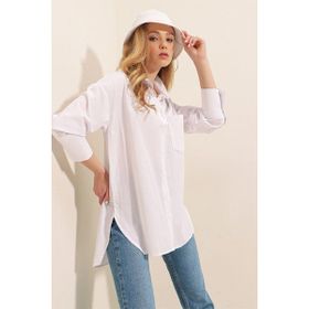Bigdart 3952 Arkası Düğmeli Beyaz Kadın Boyfriend Gömlek
