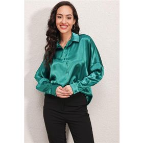 Bigdart 3964 Hafif Dökümlü Saten Mavi Kadın Gömlek