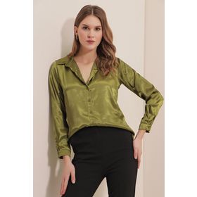 Bigdart 3964 Haki Hafif Dökümlü Saten Kadın Gömlek